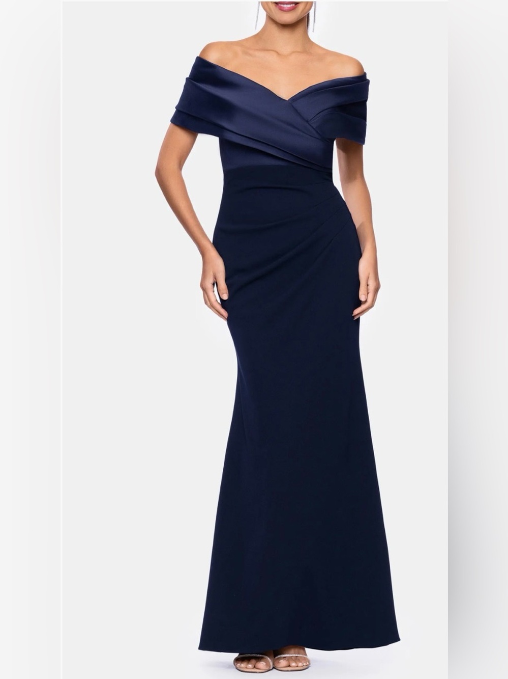 Betsy & Adam Off the Shoulder Scuba Crepe Gown  Navy Blue New Size:14 $279